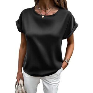 Women's Short Sleeve Pullover Blouses Satin Black